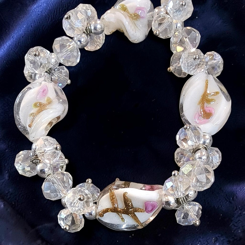 Vintage Lampwork Glass Floral Stretch Bracelet • AB Crystal • Cottagecore